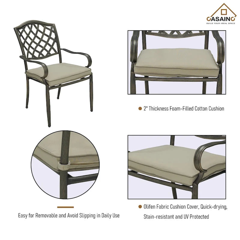 4-Piece Brown Cast Aluminum Outdoor Arm Dining Chair Patio Bistro Chairs with Cushion