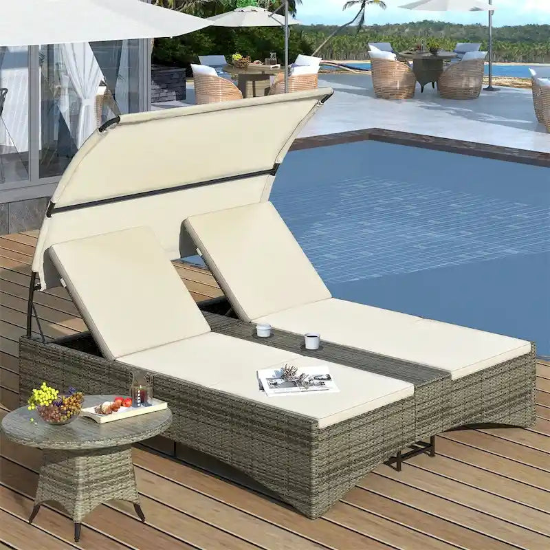 Outdoor Rattan Sun Daybed with Shelter Roof with Adjustable Backrest