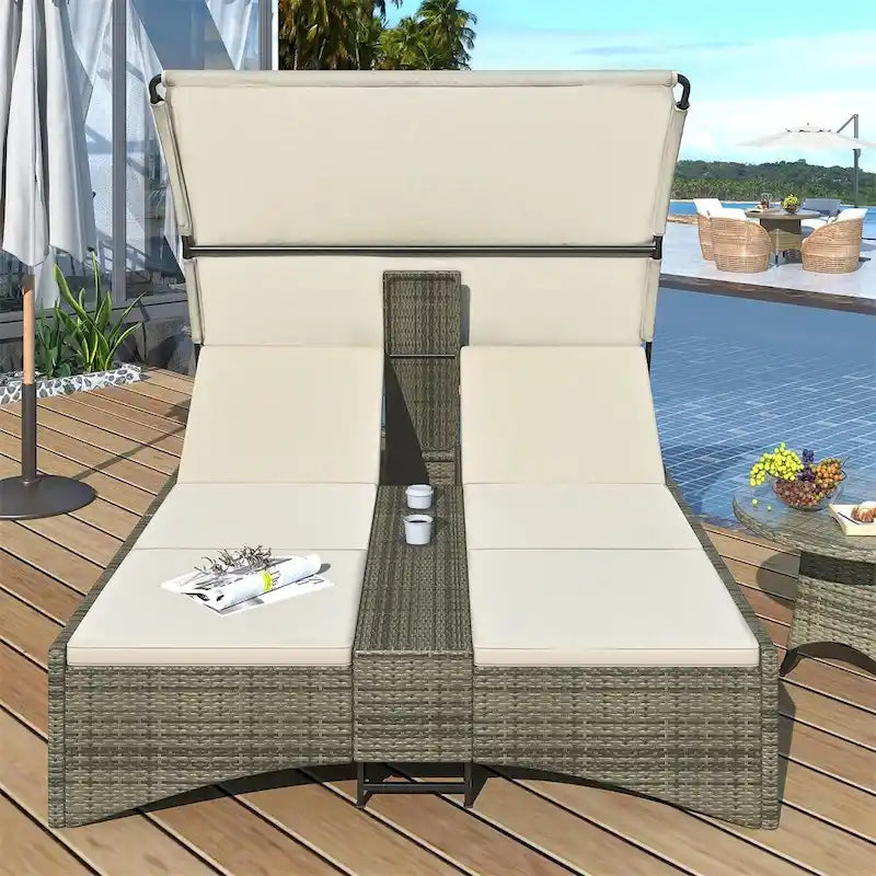 Outdoor Rattan Sun Daybed with Shelter Roof with Adjustable Backrest