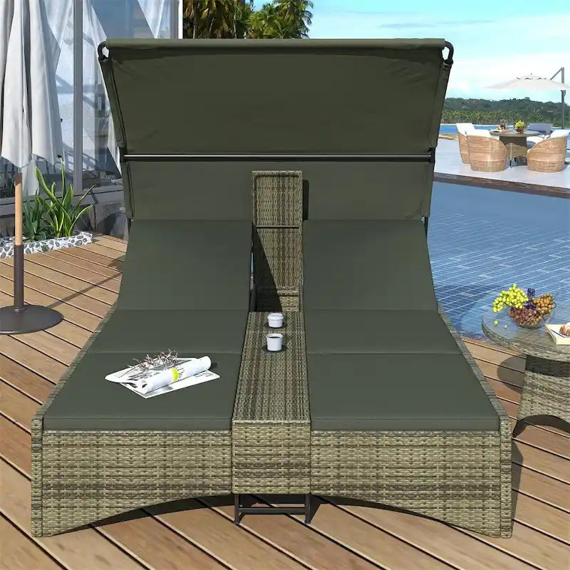 Outdoor Rattan Sun Daybed with Shelter Roof with Adjustable Backrest