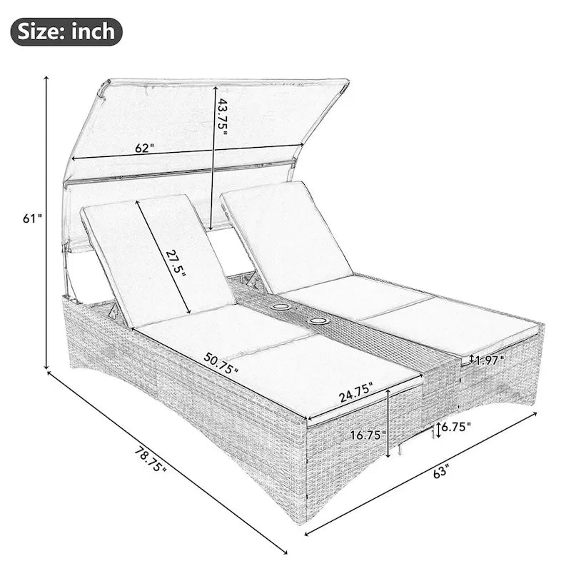 Outdoor Rattan Sun Daybed with Shelter Roof with Adjustable Backrest