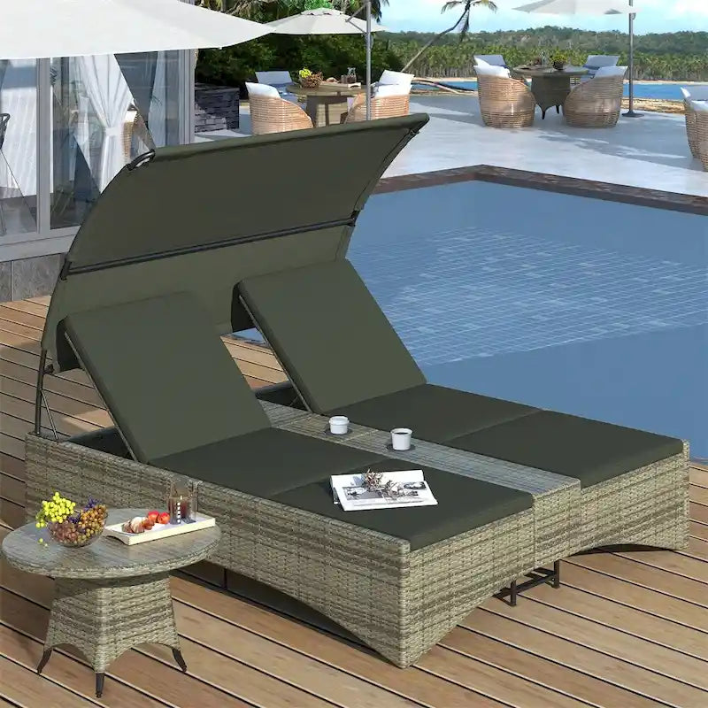 Outdoor Rattan Sun Daybed with Shelter Roof with Adjustable Backrest