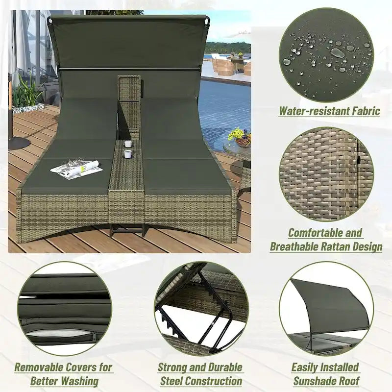 Outdoor Rattan Sun Daybed with Shelter Roof with Adjustable Backrest