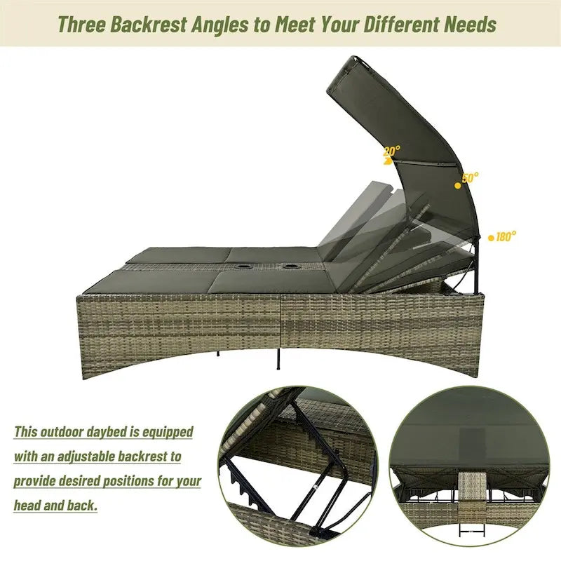 Outdoor Rattan Sun Daybed with Shelter Roof with Adjustable Backrest