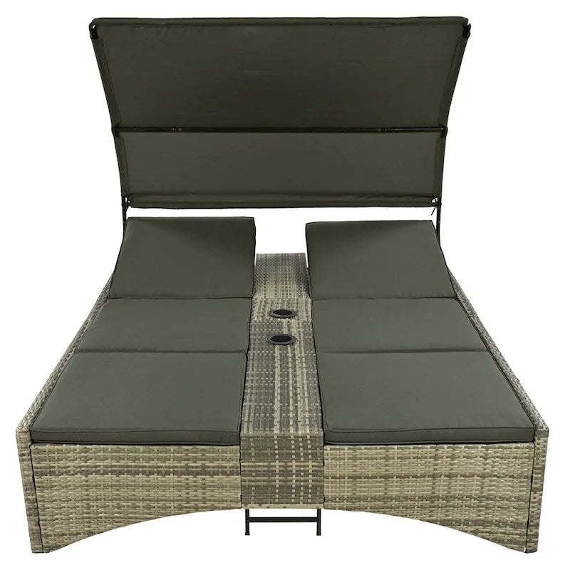 Outdoor Rattan Sun Daybed with Shelter Roof with Adjustable Backrest
