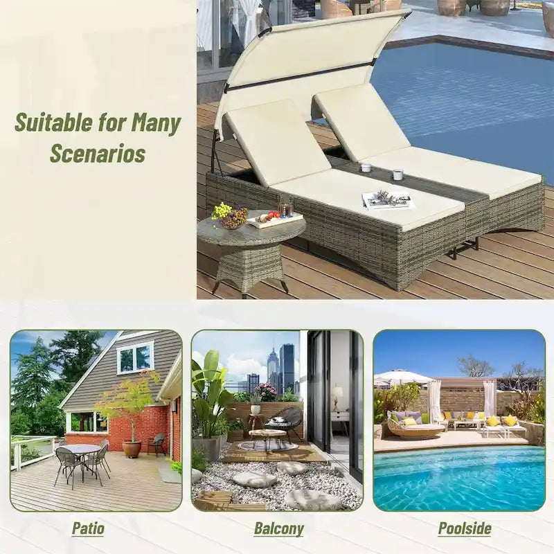 Outdoor Rattan Sun Daybed with Shelter Roof with Adjustable Backrest