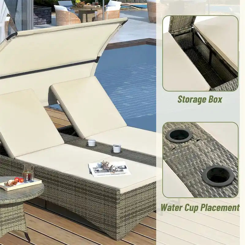 Outdoor Rattan Sun Daybed with Shelter Roof with Adjustable Backrest