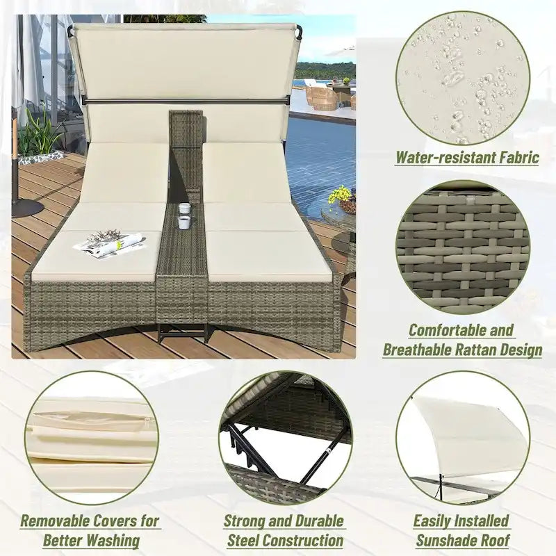 Outdoor Rattan Sun Daybed with Shelter Roof with Adjustable Backrest