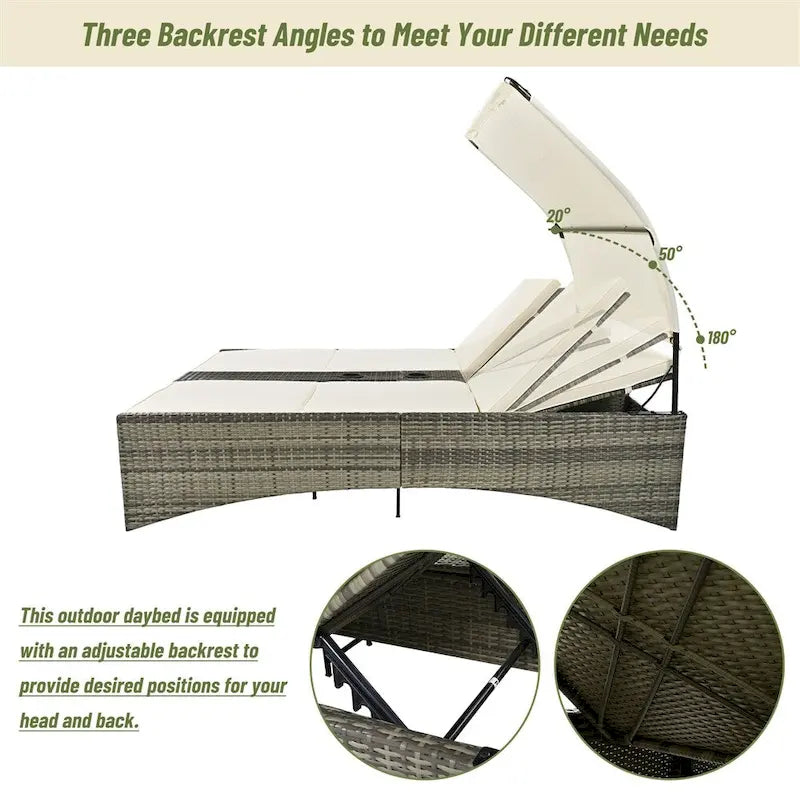 Outdoor Rattan Sun Daybed with Shelter Roof with Adjustable Backrest