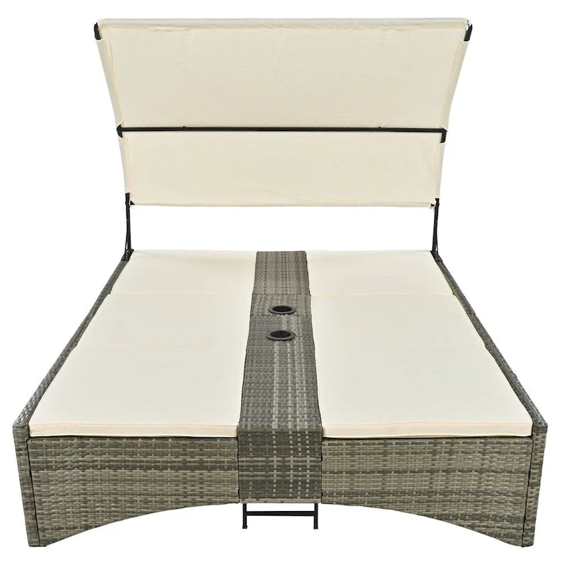 Outdoor Rattan Sun Daybed with Shelter Roof with Adjustable Backrest