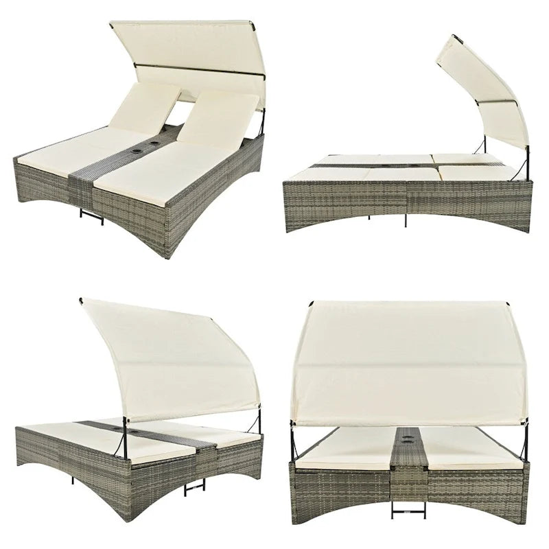 Outdoor Rattan Sun Daybed with Shelter Roof with Adjustable Backrest