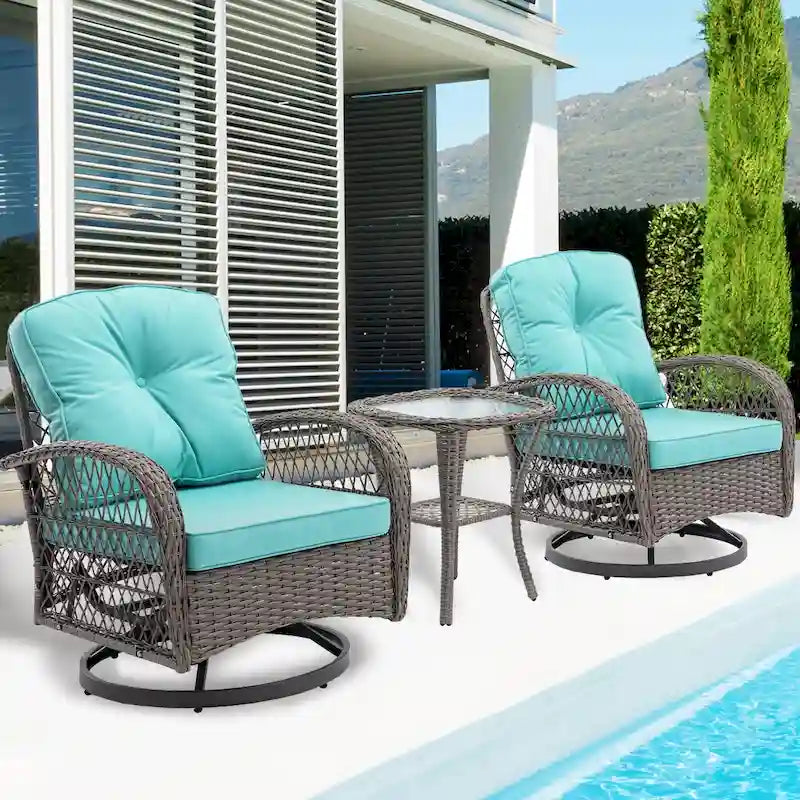 3 Pieces Rattan Outdoor Swivel Rocker Patio Chairs With Glass Coffee Table