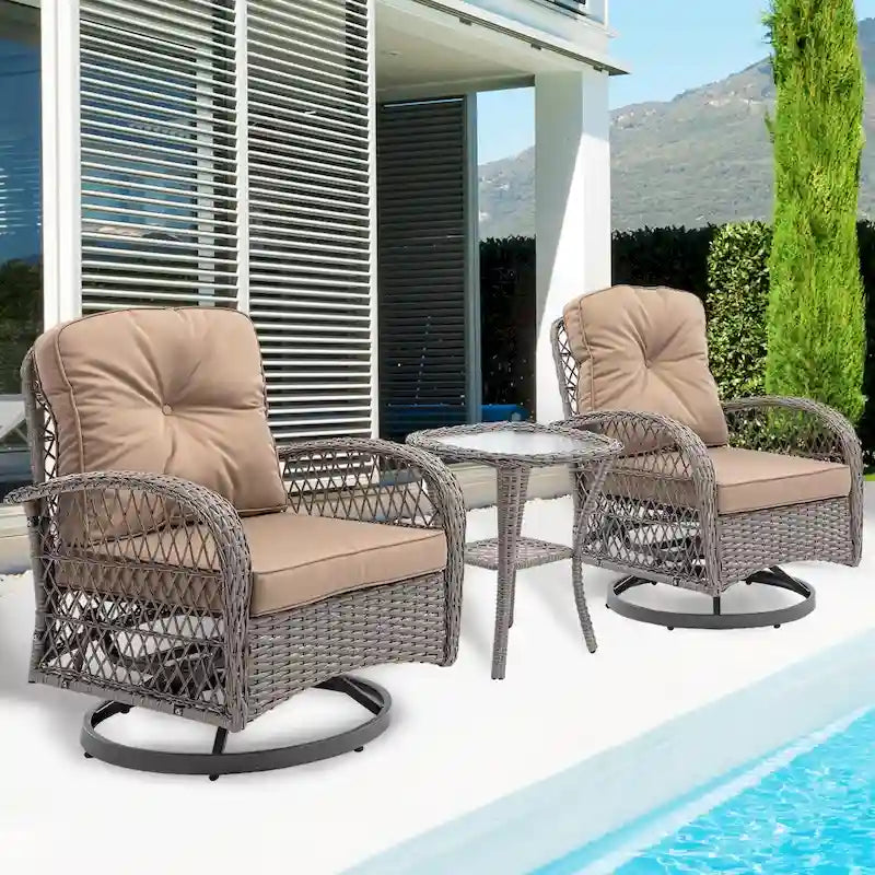 3 Pieces Rattan Outdoor Swivel Rocker Patio Chairs With Glass Coffee Table