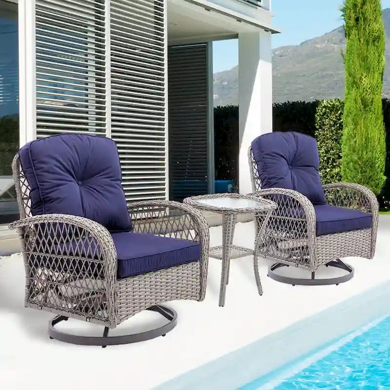 3 Pieces Rattan Outdoor Swivel Rocker Patio Chairs With Glass Coffee Table