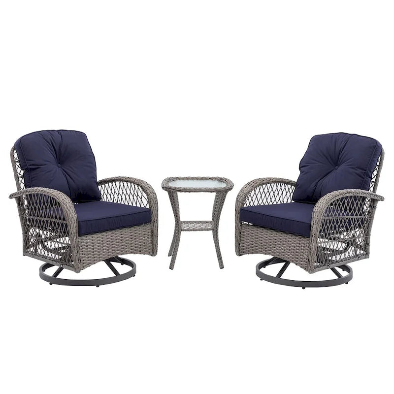 3 Pieces Rattan Outdoor Swivel Rocker Patio Chairs With Glass Coffee Table