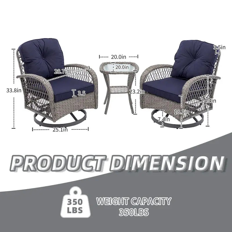 3 Pieces Rattan Outdoor Swivel Rocker Patio Chairs With Glass Coffee Table