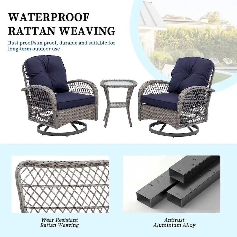 3 Pieces Rattan Outdoor Swivel Rocker Patio Chairs With Glass Coffee Table