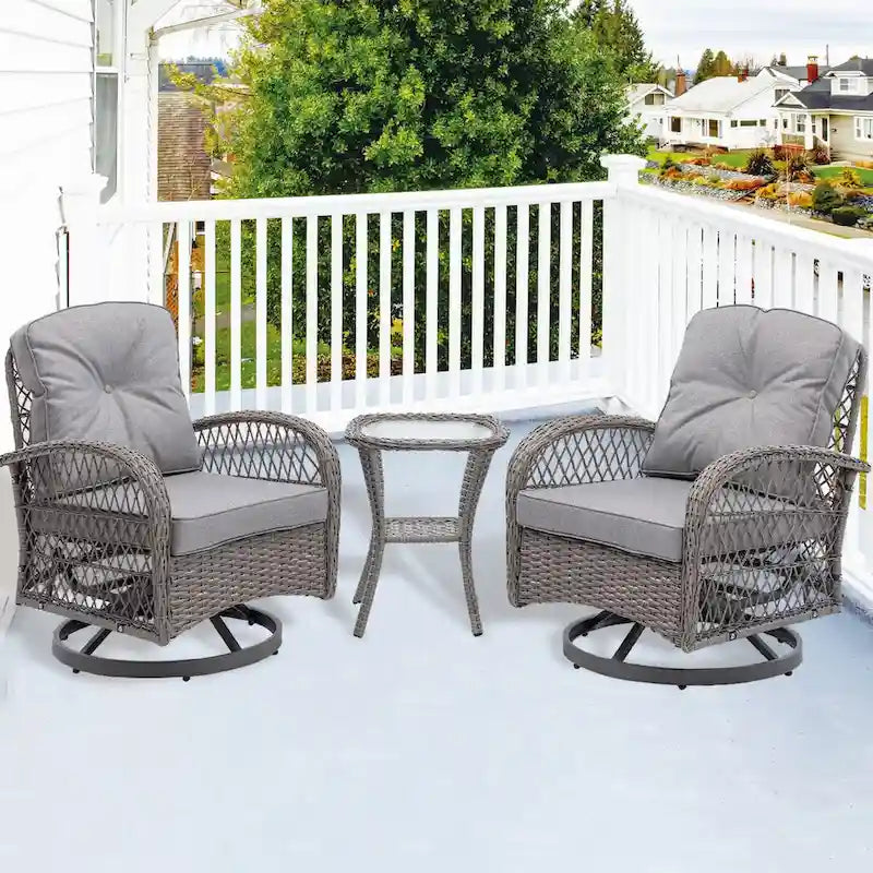 3 Pieces Rattan Outdoor Swivel Rocker Patio Chairs With Glass Coffee Table