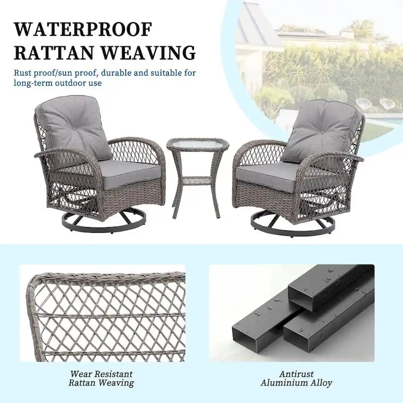 3 Pieces Rattan Outdoor Swivel Rocker Patio Chairs With Glass Coffee Table