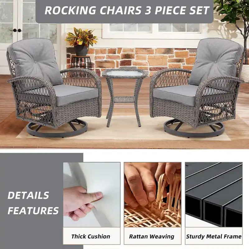 3 Pieces Rattan Outdoor Swivel Rocker Patio Chairs With Glass Coffee Table