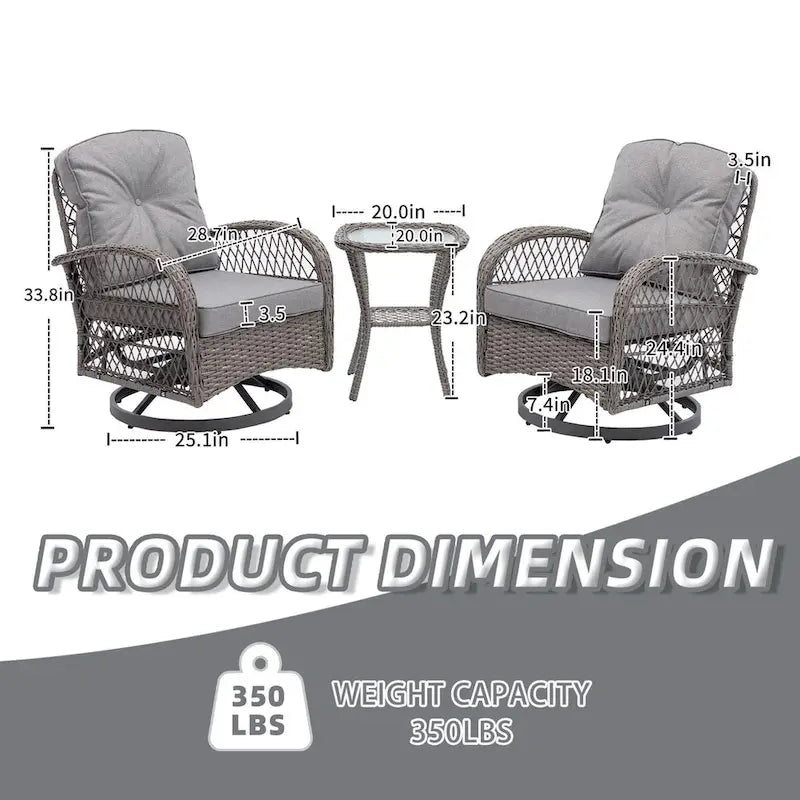 3 Pieces Rattan Outdoor Swivel Rocker Patio Chairs With Glass Coffee Table