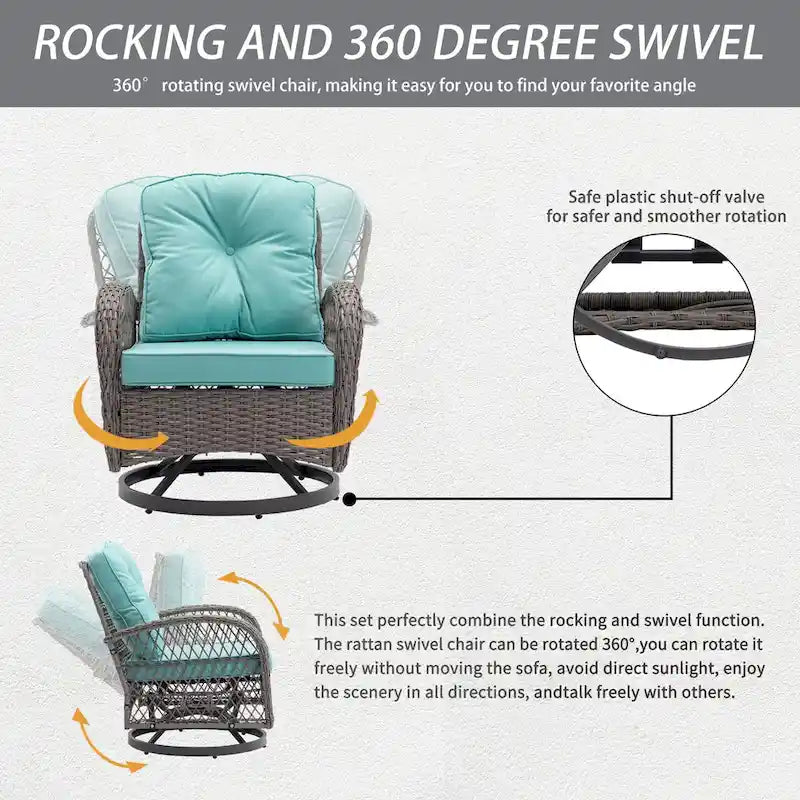 3 Pieces Rattan Outdoor Swivel Rocker Patio Chairs With Glass Coffee Table