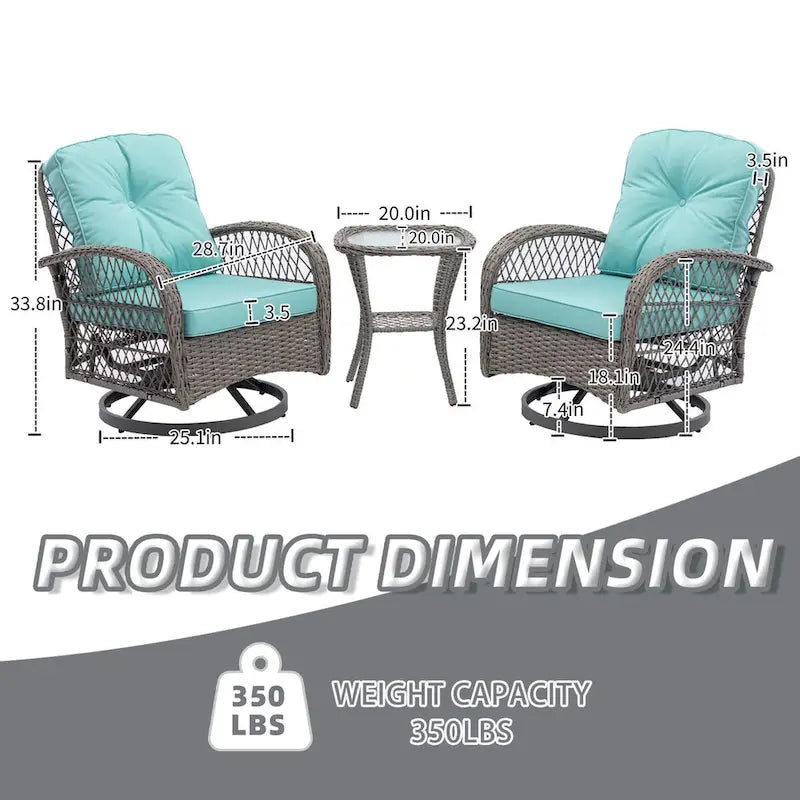 3 Pieces Rattan Outdoor Swivel Rocker Patio Chairs With Glass Coffee Table