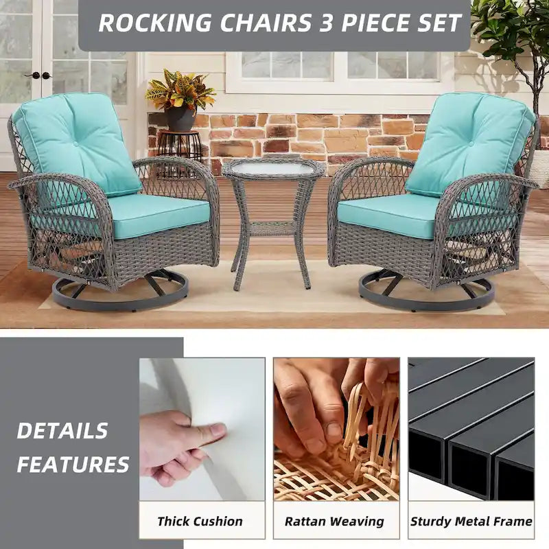 3 Pieces Rattan Outdoor Swivel Rocker Patio Chairs With Glass Coffee Table