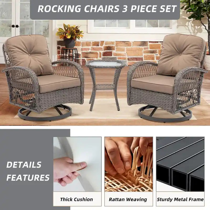 3 Pieces Rattan Outdoor Swivel Rocker Patio Chairs With Glass Coffee Table