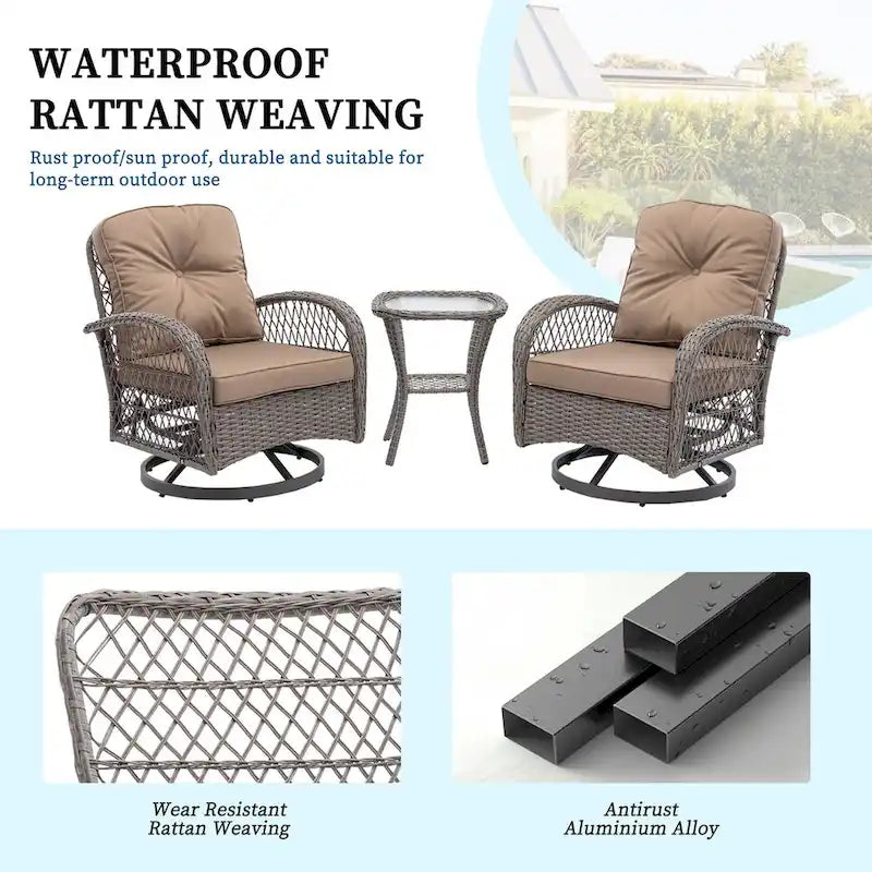 3 Pieces Rattan Outdoor Swivel Rocker Patio Chairs With Glass Coffee Table