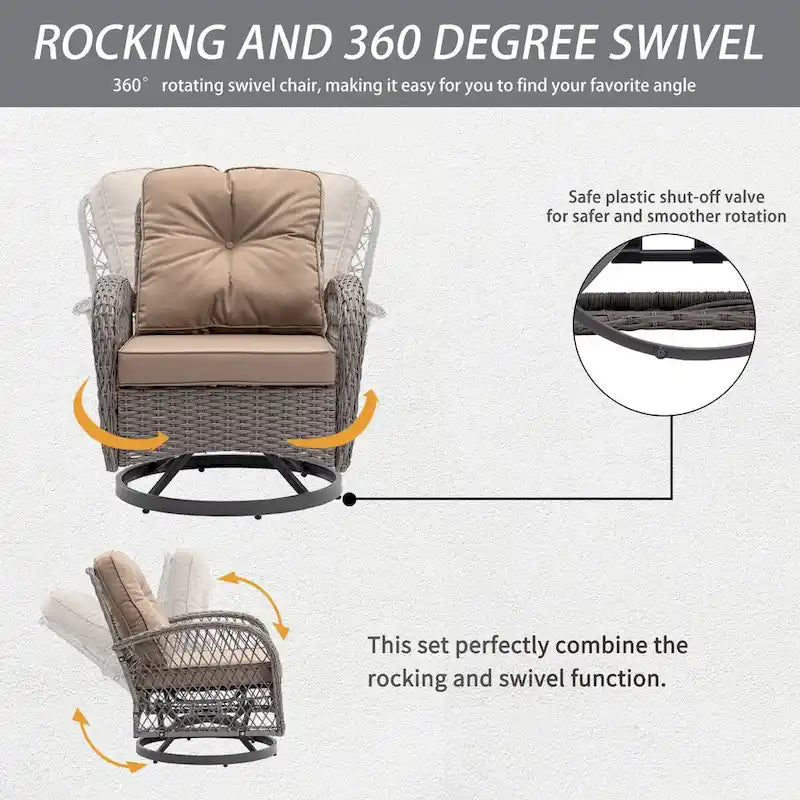 3 Pieces Rattan Outdoor Swivel Rocker Patio Chairs With Glass Coffee Table