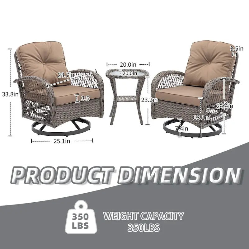 3 Pieces Rattan Outdoor Swivel Rocker Patio Chairs With Glass Coffee Table