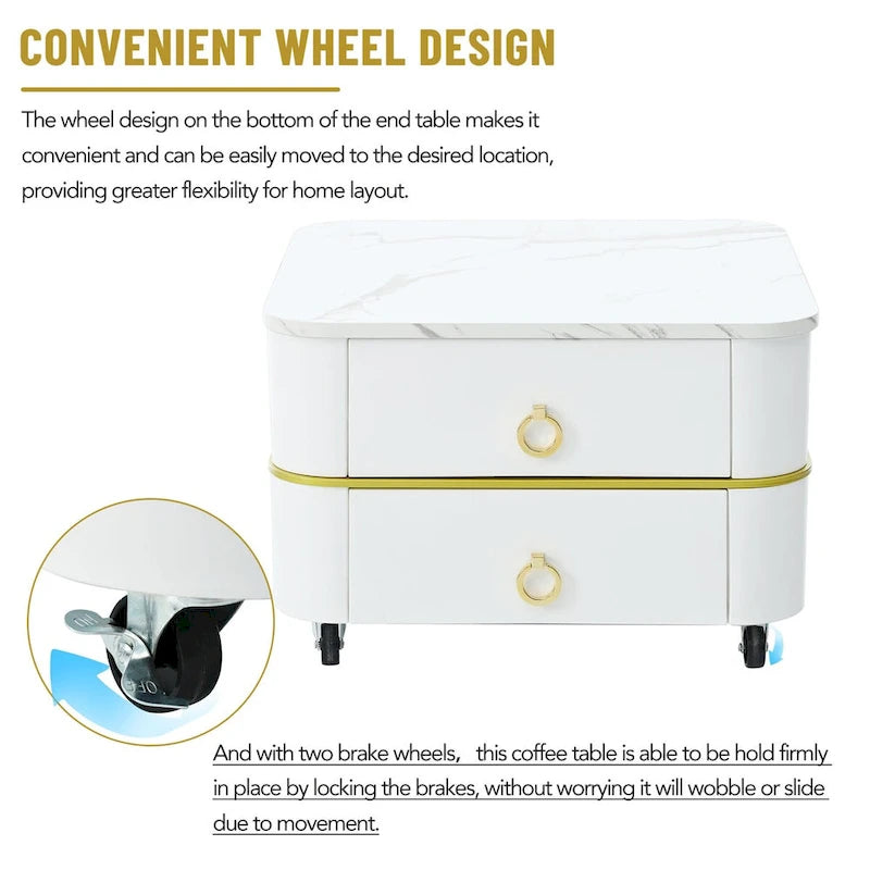Mieres Stackable Coffee Table, Nesting Tables with Brown Tempered Glass, Wheels & Drawers and High Gloss Marble Grain Top