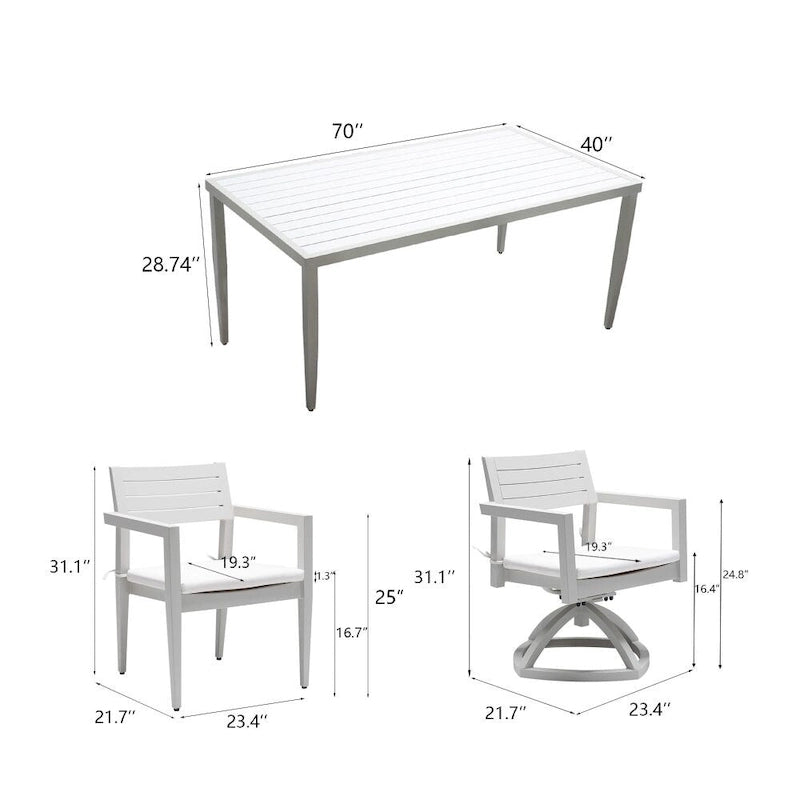 7PC Patio Aluminum Furniture, Modern Dining Set including 4 Dining Chairs & 2 Swivel Rockers, Matte White+Grayish