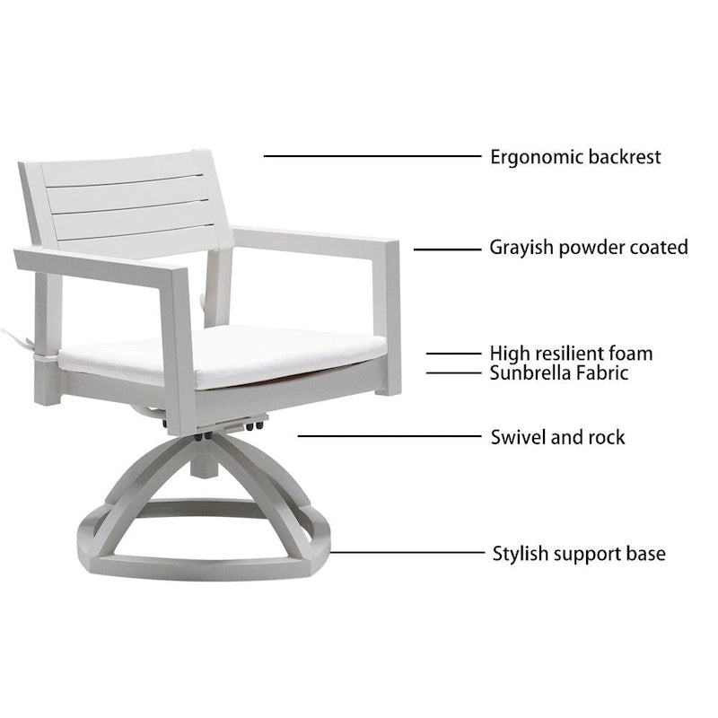 7PC Patio Aluminum Furniture, Modern Dining Set including 4 Dining Chairs & 2 Swivel Rockers, Matte White+Grayish