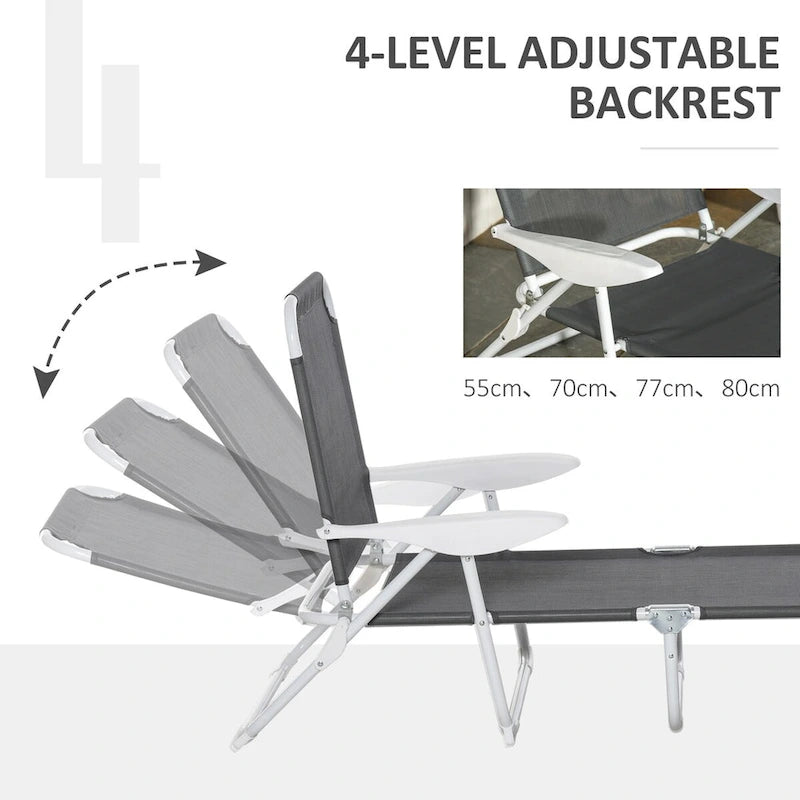 Folding Chaise Lounge, Outdoor Sun Tanning Chair, 4-Position Reclining Back, Armrests, Metal Frame and Mesh Fabric