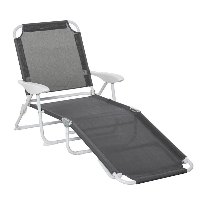 Folding Chaise Lounge, Outdoor Sun Tanning Chair, 4-Position Reclining Back, Armrests, Metal Frame and Mesh Fabric