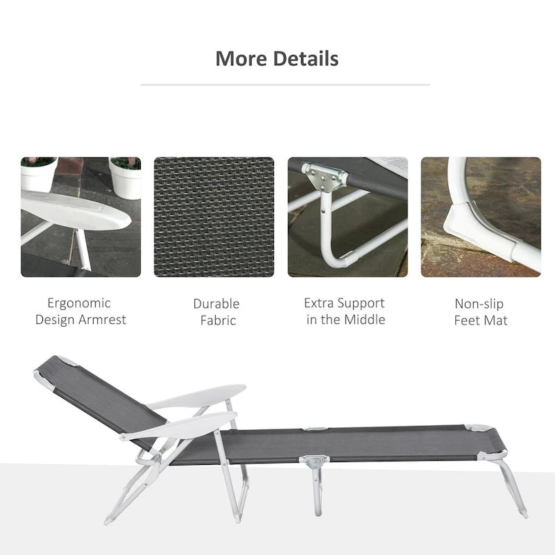 Folding Chaise Lounge, Outdoor Sun Tanning Chair, 4-Position Reclining Back, Armrests, Metal Frame and Mesh Fabric
