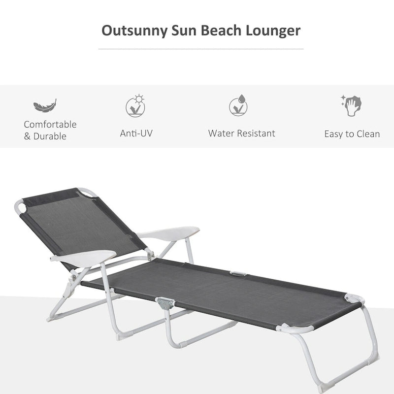 Folding Chaise Lounge, Outdoor Sun Tanning Chair, 4-Position Reclining Back, Armrests, Metal Frame and Mesh Fabric