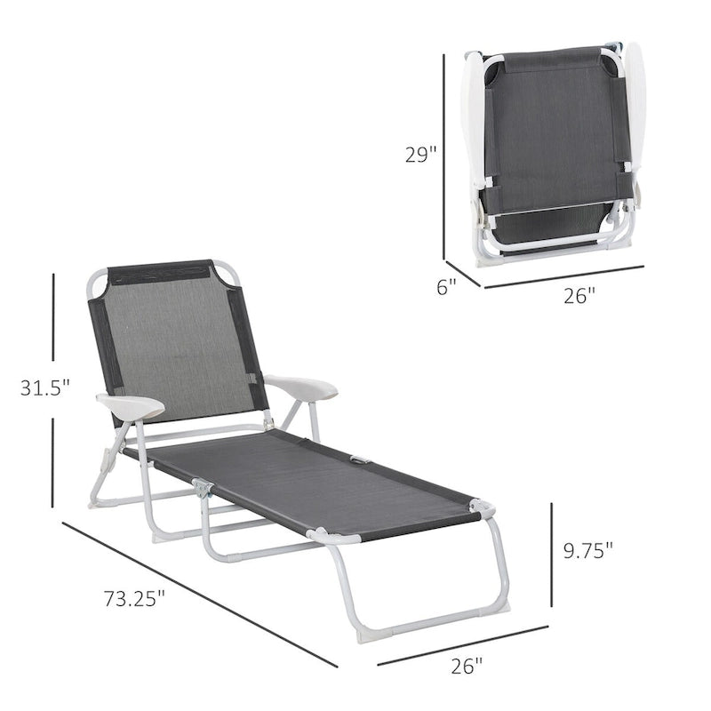 Folding Chaise Lounge, Outdoor Sun Tanning Chair, 4-Position Reclining Back, Armrests, Metal Frame and Mesh Fabric