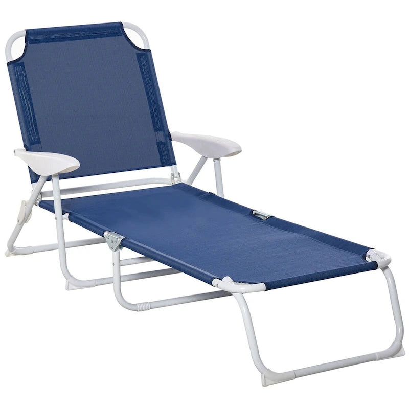 Folding Chaise Lounge, Outdoor Sun Tanning Chair, 4-Position Reclining Back, Armrests, Metal Frame and Mesh Fabric