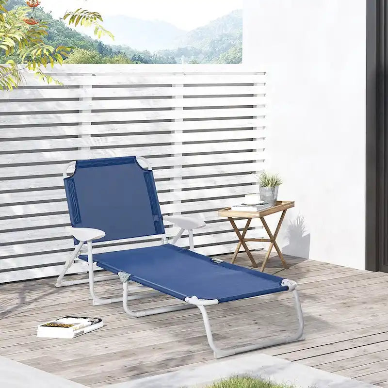 Folding Chaise Lounge, Outdoor Sun Tanning Chair, 4-Position Reclining Back, Armrests, Metal Frame and Mesh Fabric