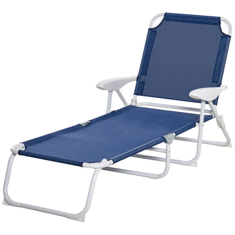 Folding Chaise Lounge, Outdoor Sun Tanning Chair, 4-Position Reclining Back, Armrests, Metal Frame and Mesh Fabric