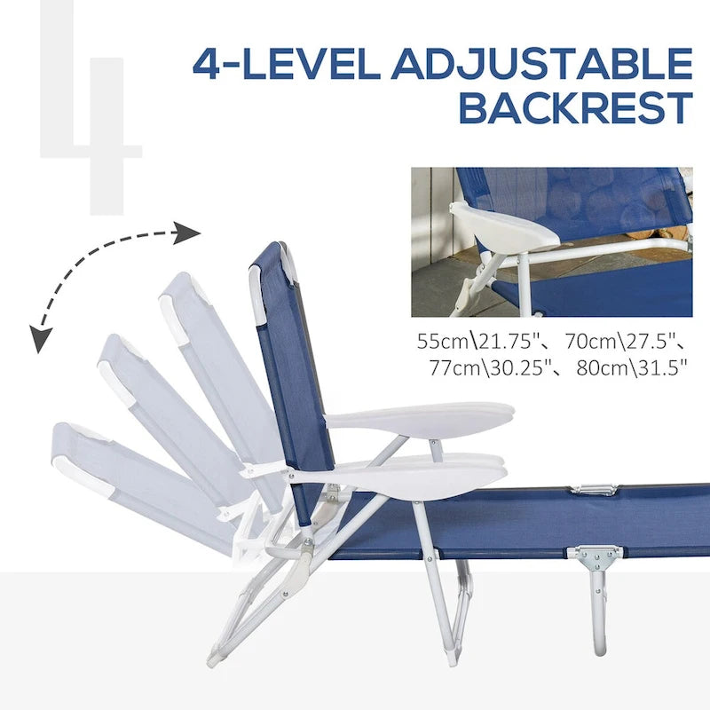 Folding Chaise Lounge, Outdoor Sun Tanning Chair, 4-Position Reclining Back, Armrests, Metal Frame and Mesh Fabric