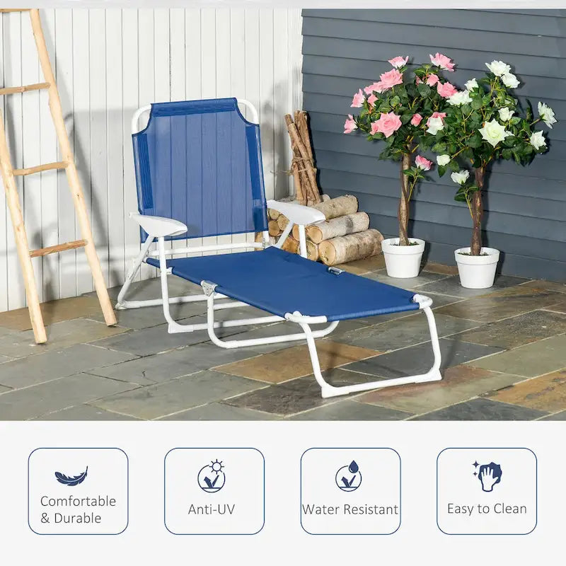 Folding Chaise Lounge, Outdoor Sun Tanning Chair, 4-Position Reclining Back, Armrests, Metal Frame and Mesh Fabric