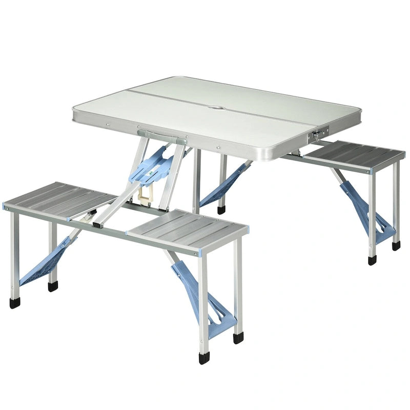 Outdoor Aluminum Suitcase Portable Folding Picnic Table with Bench & Umbrella Hole