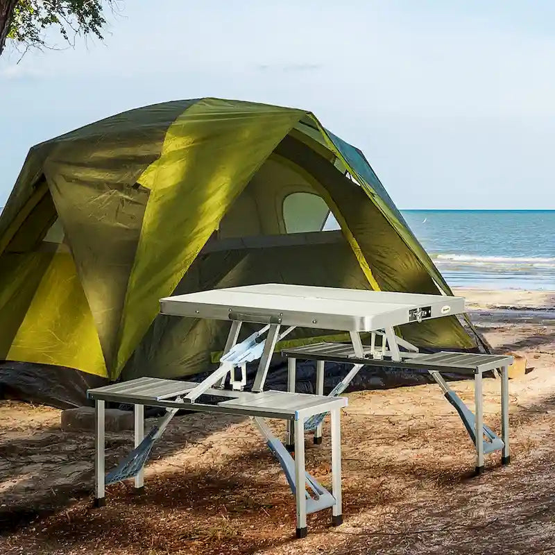 Outdoor Aluminum Suitcase Portable Folding Picnic Table with Bench & Umbrella Hole