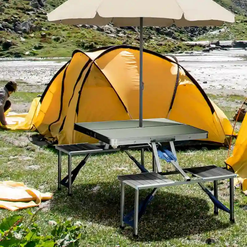 Outdoor Aluminum Suitcase Portable Folding Picnic Table with Bench & Umbrella Hole
