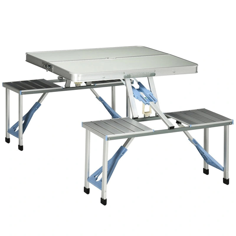 Outdoor Aluminum Suitcase Portable Folding Picnic Table with Bench & Umbrella Hole