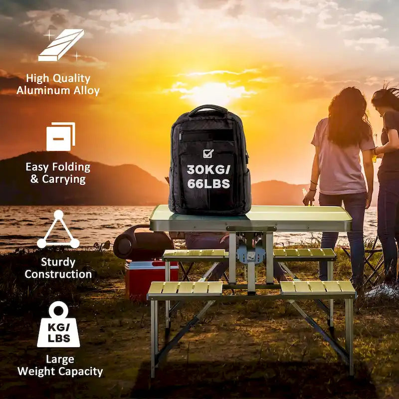 Outdoor Aluminum Suitcase Portable Folding Picnic Table with Bench & Umbrella Hole